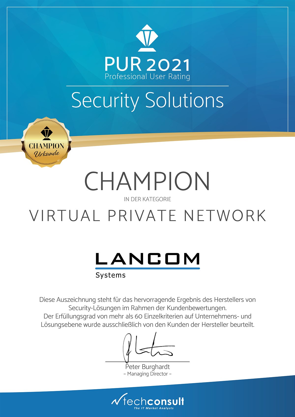 Techconsult Professional User Rating: Lancom Systems ist zum fünften Mal in Folge VPN-Champion 