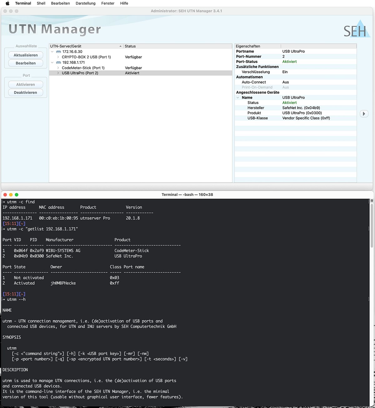 Grafische Benutzeroberfläche des UTN Managers